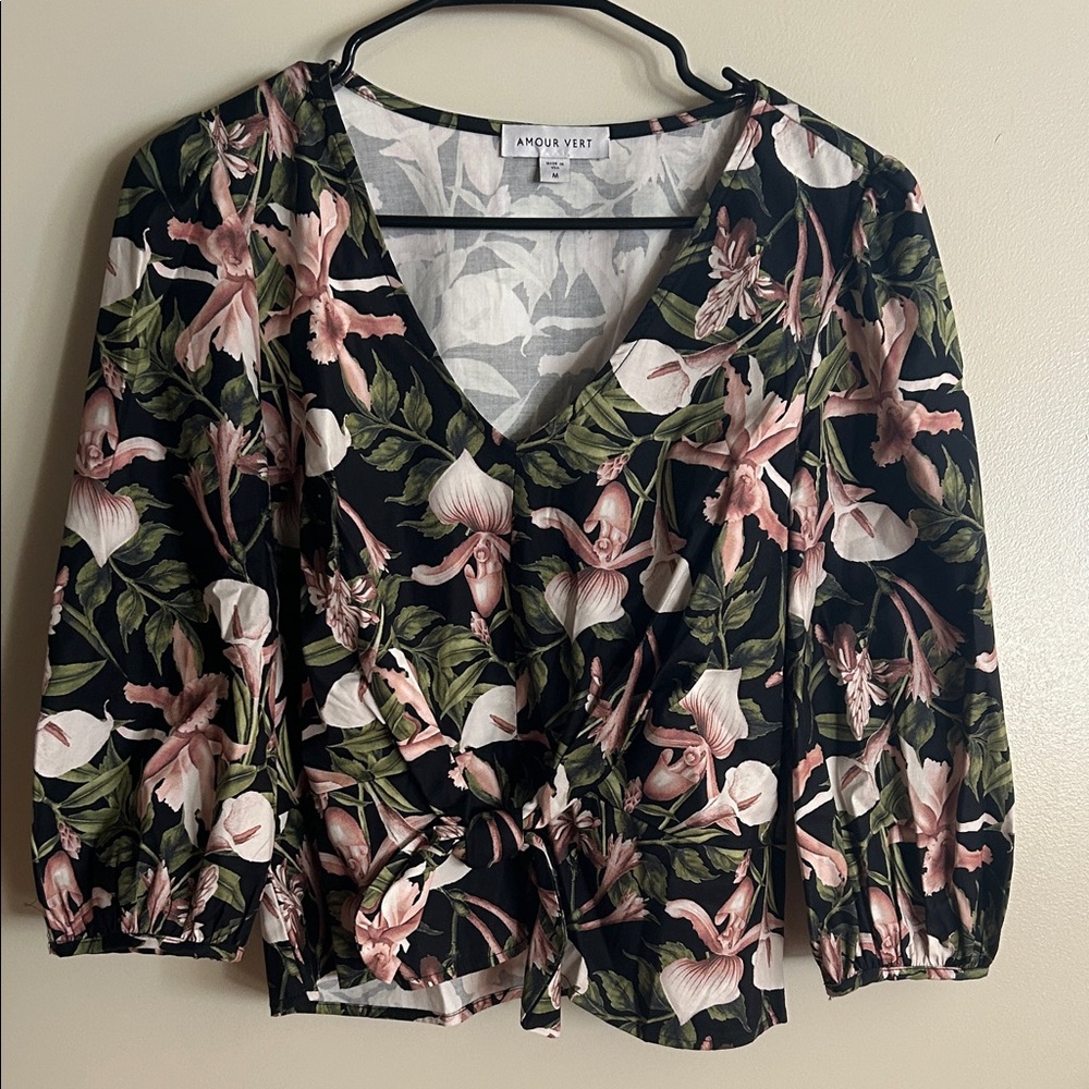 Amour Vert Black and Pink Floral Blouse